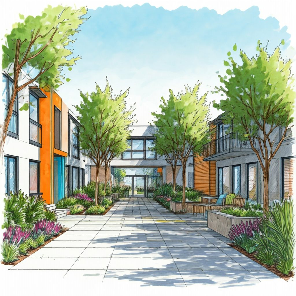 Find out rental market trends for 2025 in San Gabriel Valley. Image of sketch of modern apartment complex. 